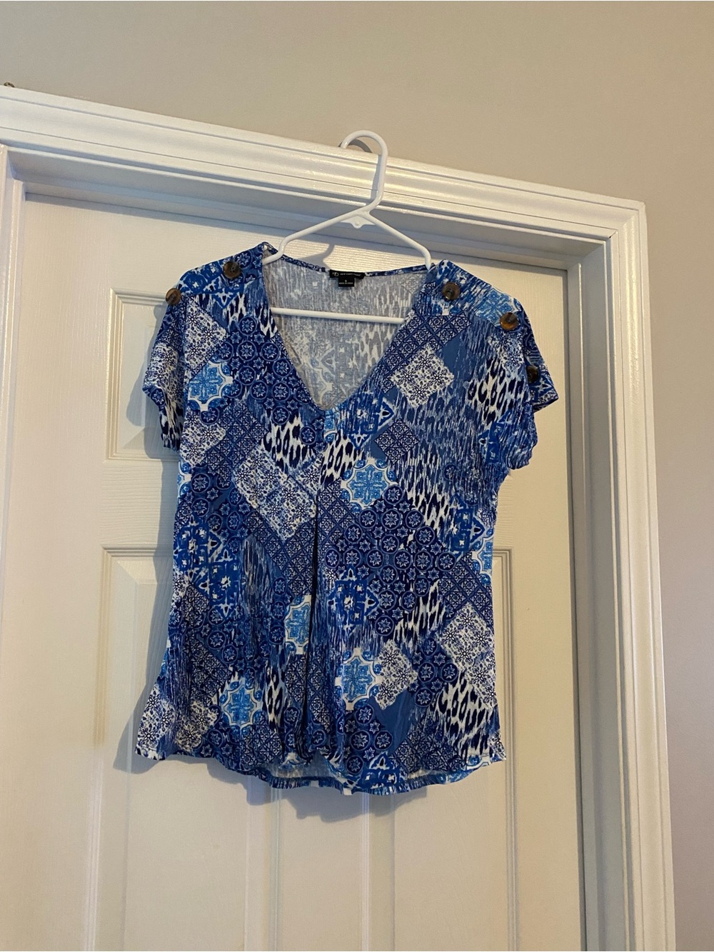 new directions Blue Patchwork V-Neck Short Sleeve Blouse